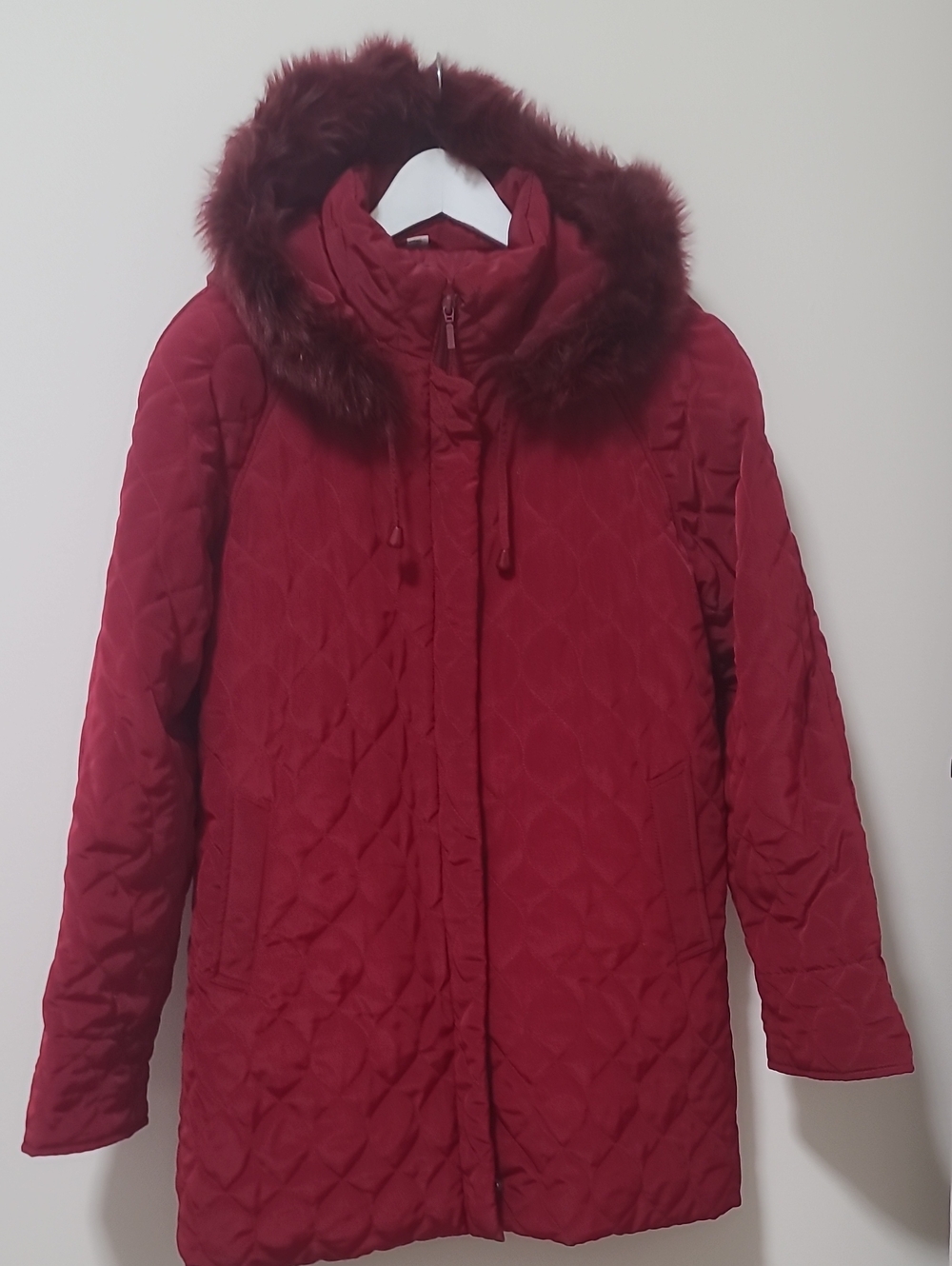 Quilted Hooded Puffer Coat in Deep Red with Faux Fur Trim